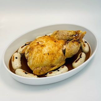 DINDE ENTIERE FARCIE BOUDIN BLANC TRUFFEE, FRICASSEE DE CHAMPIGNONS