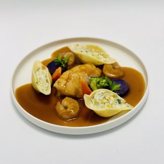 LOTTE ET GAMBAS, JUS DE HOMARD A L'HUILE DE NYONS